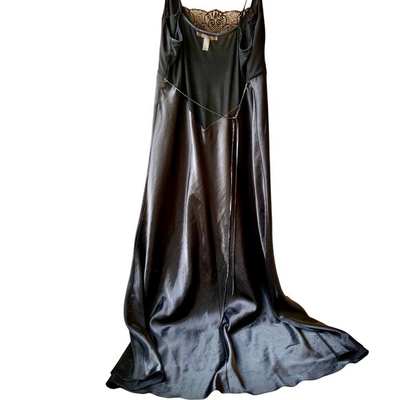 Flora Nikrooz Black Long Nightgown Gown Lace Adjust Strap Sheer Portion Tie sz L - Picture 4 of 16